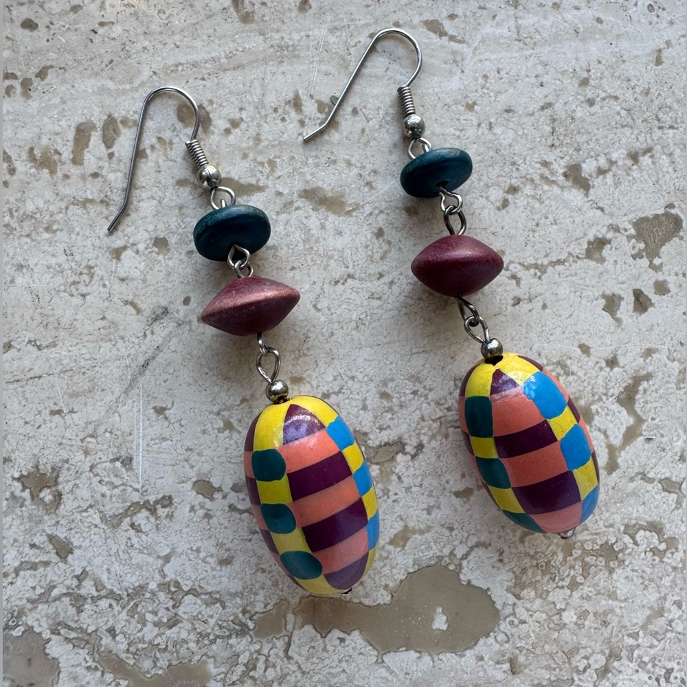 Vintage Colorful Checkered Dangle Earrings – Statement Retro Boho Style